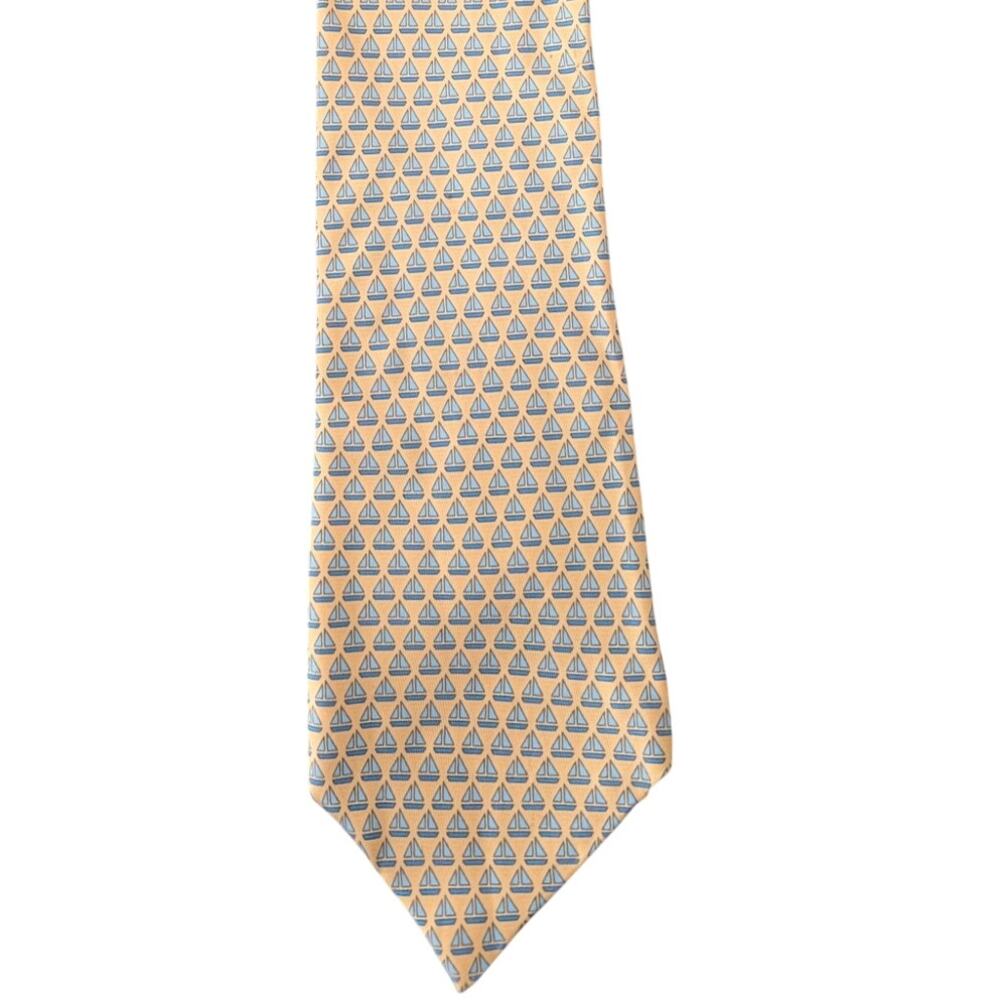 NWOT Vintage Hermès 100% Silk Men's Yellow Tie With Blue Sailboats